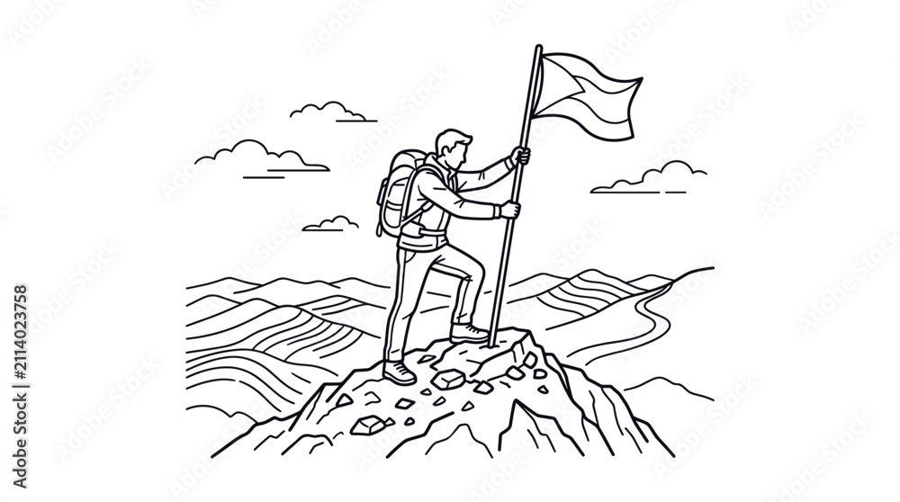 Fototapeta premium Hiker planting flag on mountain peak line art.
