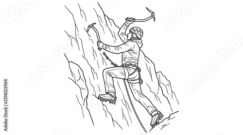 Foto Ice climber ascending steep wall using ice axes.