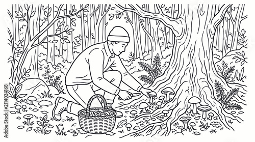 Obraz na płótnie Man foraging wild mushrooms in a dense forest.