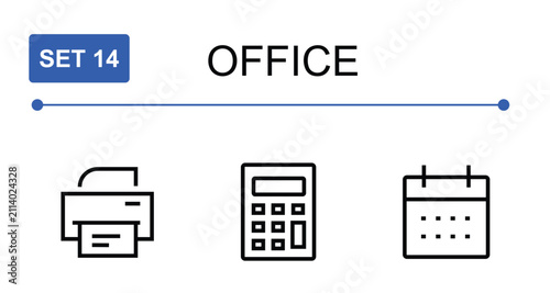 Set 14 Office icons set thin line printer printing machine desk calculator grid calendar schedule planner sheet vector symbol