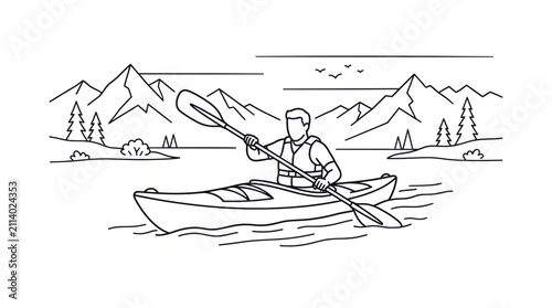 Konstfotografi Man rowing kayak on calm mountain lake water.