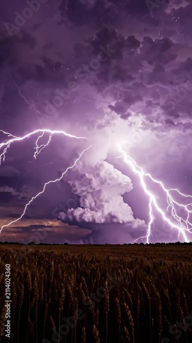 Powerful Electric Lightning Bolts Striking Across a Dark Purple Stormy Sky Over a Rural Field