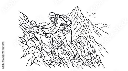 Cuadro en lienzo Man scrambling up a steep rocky mountain ridge.