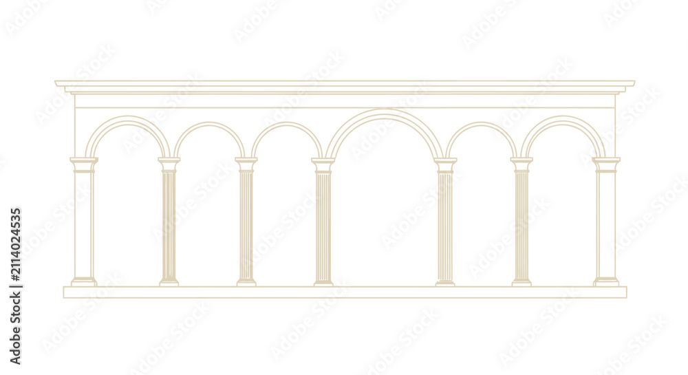 Fototapeta premium Architectural arches stand in a symmetrical row featuring classic columns and structural design elements for elegant building concepts.