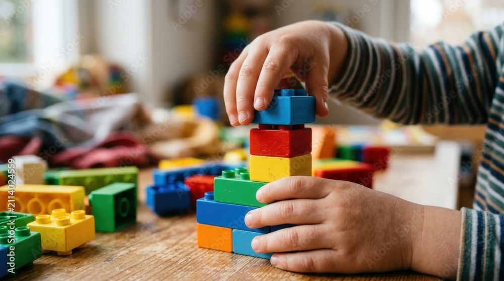 Fototapeta premium Child Building Colorful Lego Tower Fostering Creativity And Early Childhood Development Skills