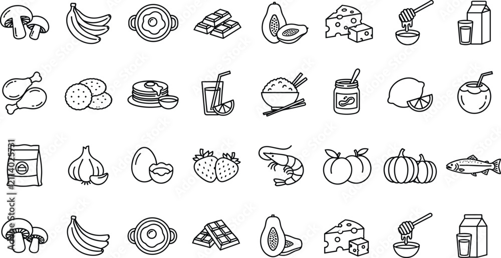 Obraz premium Large food and grocery line icon set including fruits vegetables meat dairy snacks and cooking ingredients outline vector