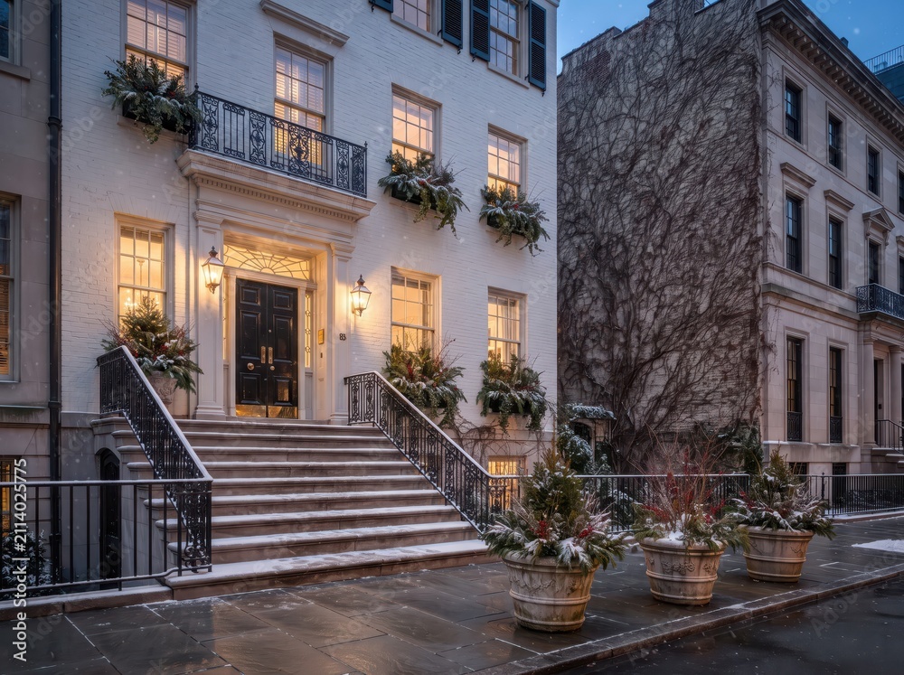 Fototapeta premium Townhouse entrance with snowy stone steps and large sidewalk planters