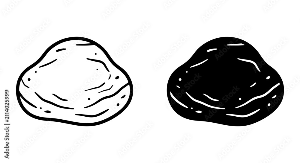 Fototapeta premium Hand-Drawn Vector Icons of Two Smooth Pebbles, Black and White Outline, Natural Stone Shapes