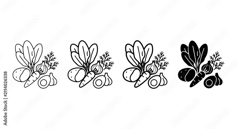 Fototapeta premium Root Vegetable Icons Set, Fresh Produce Outline Graphics, Healthy Food Vector Collection, Organic Ingredients