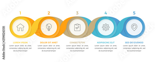 Infographic template with five circular elements connected by a flowing wave ribbon, suitable for data visualization, workflow and business process presentations
