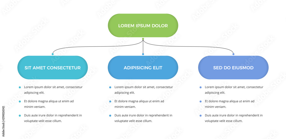 Obraz premium Flow chart infographic template with three connected branches and rounded sections, ideal for business presentations, workflows, structures and process visualization