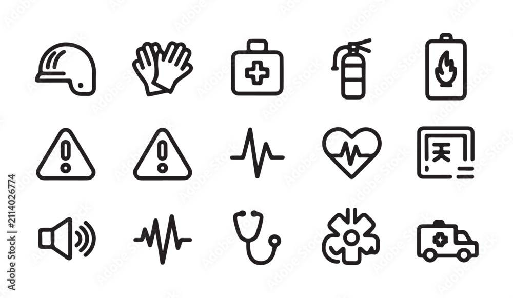 Fototapeta premium Medical emergency and safety line icons including ambulance heartbeat stethoscope medical kit fire safety.
