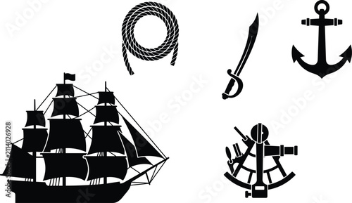 Tableau sur toile Vintage Nautical and Pirate Silhouette Vector Set with Sailing Ship,