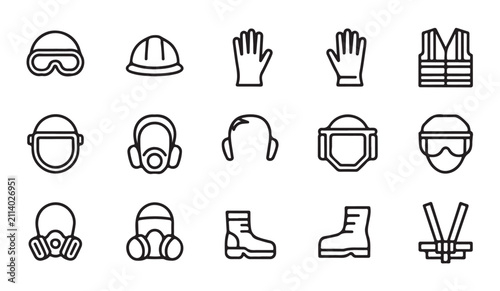 Принти на полотні Linear protective equipment icons set for construction safety including hard hats gloves vests and masks
