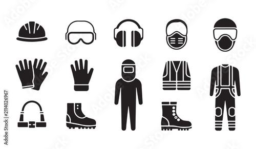 фотографія Solid black icons set of industrial safety equipment and protective gear for workers and construction