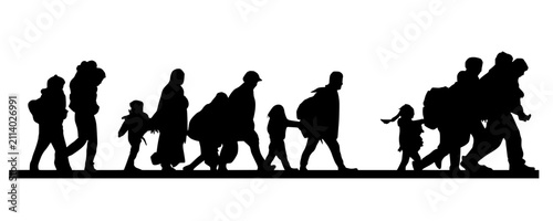 фотографія Black vector silhouette of refugees, families, and children walking with backpacks, migrating, seeking asylum or escaping war
