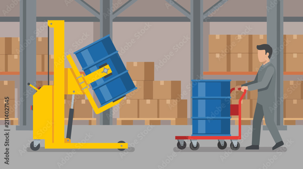 Naklejka premium Chemical Drum Handling Tilter and Drum Trolley in Warehouse