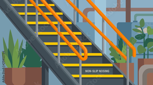 Stairway with Non-Slip Nosing and Safety Handrail in Plant