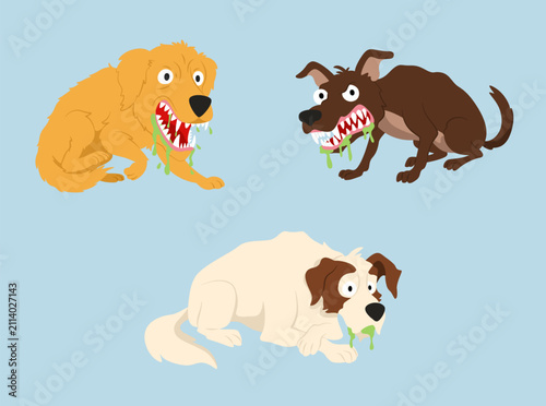 Obraz na płótnie A collection of vector illustrations featuring aggressive dogs showing classic rabies symptoms, including excessive drooling, exposed teeth, hostile behavior, and warning expressions