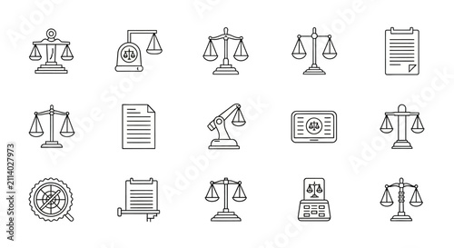 Scales of justice icons represent legal proceedings, court documents, and judicial balance in a professional set for law firms and legal services.