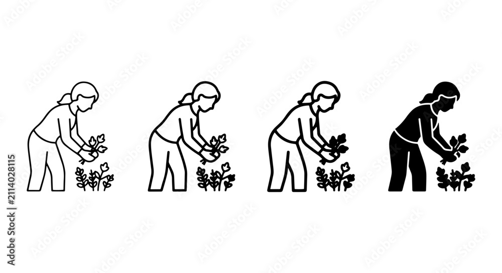 Fototapeta premium Gardening Icons Set: Woman Planting, Cultivating, Harvesting. Simple Line Art & Silhouette Styles