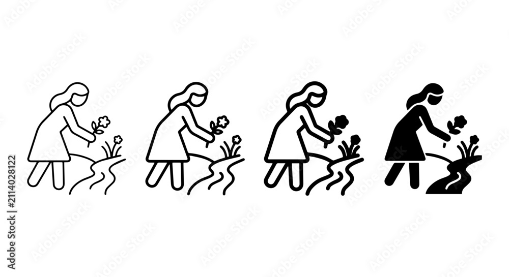 Fototapeta premium Gardening Icons Set: Woman Planting Flowers, Nature Icons, Botanical Illustrations, Vector Art