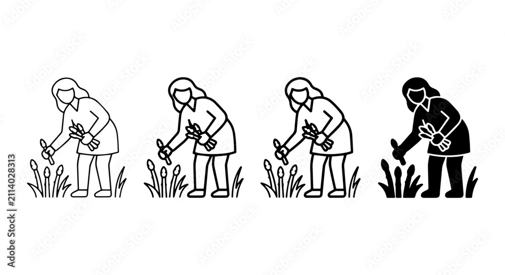 Fototapeta premium Gardening Woman Icon Set, Four Styles: Outline, Silhouette, Filled, Line Art Vector Graphics