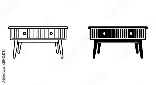 Retro Mid-Century Modern Console Table Vector Icons, Vintage Furniture Design, Black and White Line Art