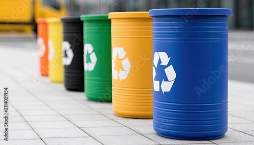 Colorful recycling bins stand in a row on a paved surface