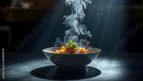 Steaming Bowl of Hearty Stew with Fresh Garnish, Cozy Autumn Meal, Dramatic Lighting