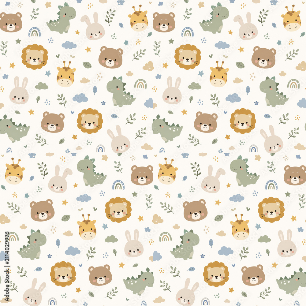 Fototapeta premium Cute Animal Kids Clothing Seamless Pattern with Baby Clothes Flat Vector Illustration