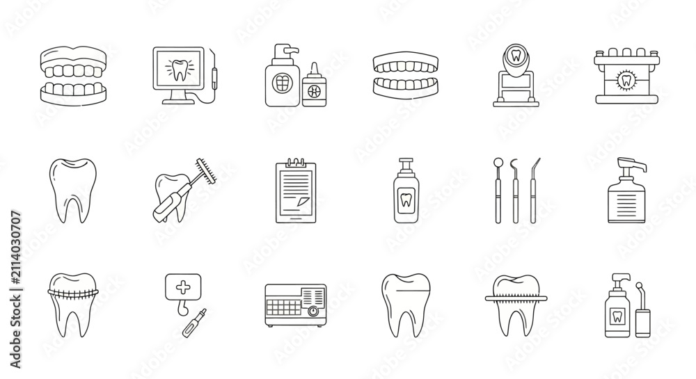Fototapeta premium Dentistry icons represent a comprehensive collection of dental care tools and oral health procedures for professional medical use.
