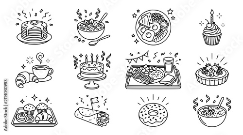 Hand-Drawn Breakfast and Celebration Food Icons: Pancakes, Cupcakes, Coffee, Burrito, Cake