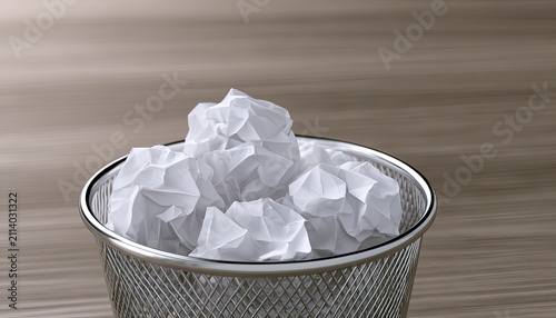 Crumpled white paper fills a shiny metal wastebasket against a blurred wooden background