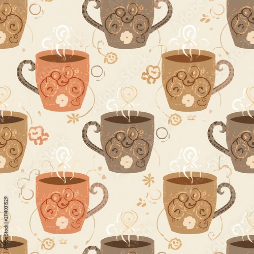 seamless pattern with tea cups and teapot