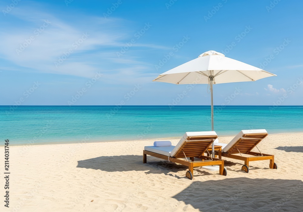 Fototapeta premium High-end resort featuring elegant white sun umbrellas and comfortable loungers on a pristine sandy beach facing a calm turquoise ocean, luxury, shoreline, comfort