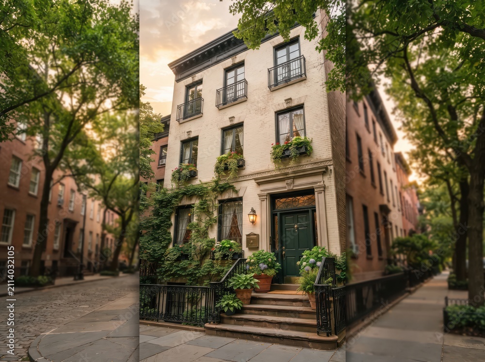 Fototapeta premium White brick townhouse entrance with vines and front planters