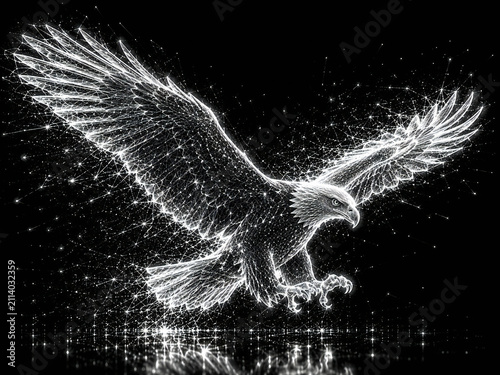 Glowing Neon Wireframe Eagle in Flight with Futuristic Digital Energy on Black Background