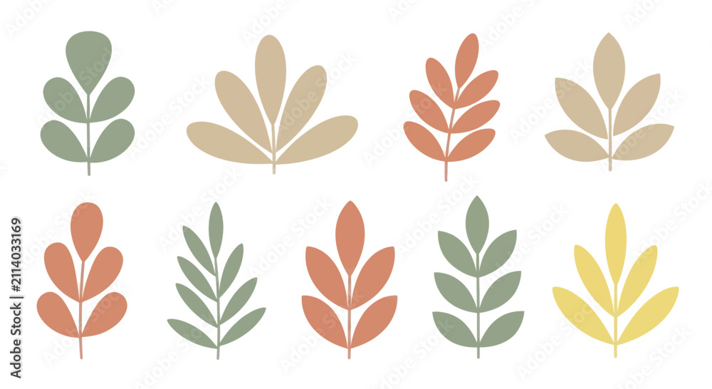 Obraz premium Collection of various stylized leaves in different colors and shapes.