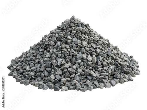 Pile of grey gravel isolated on white. Crushed stone heap for construction industry.