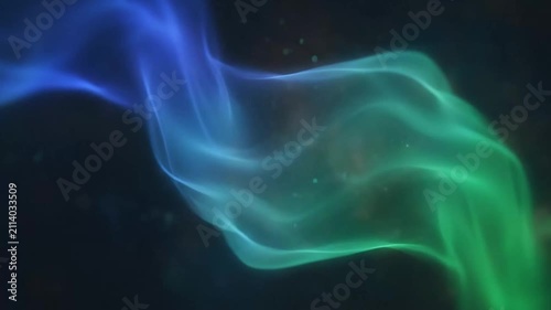 Dynamic abstract visuals of swirling blue and green energy flows and wisps in motion