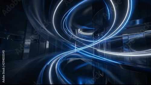Dynamic abstract light trails animation showcasing neon streaks swirling and flowing through a dark high-tech environment