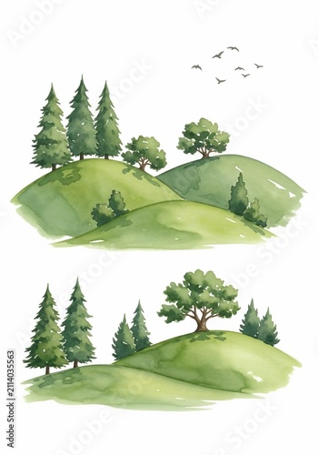 Gentle watercolor hills, a tranquil landscape.
