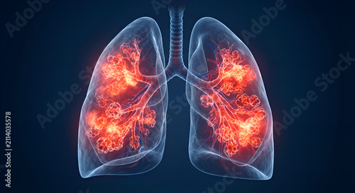 transparent human lungs highlighting the bronchi, bronchioles, alveoli, pulmonary arteries, and trachea