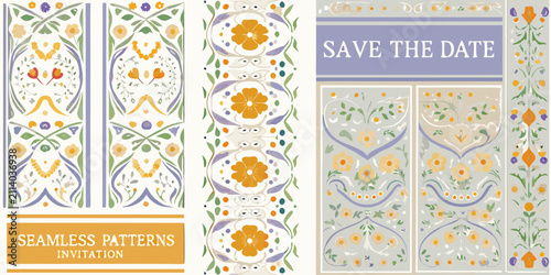 art nouveau floral seamless patterns invitation template vector ornate decorative design illustration flowers botanical vintage elegant stylish event save date background pattern graphic