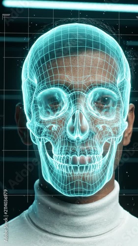 Digital Human Face Biometric Scan Featuring A Glowing Neon Skull Wireframe Over A Person Portrait For Advanced Security Identification