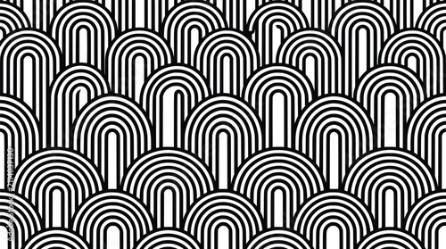 Art Deco seamless pattern with black and white arches, geometric retro line art background, vintage overlapping rainbow scale vector eps