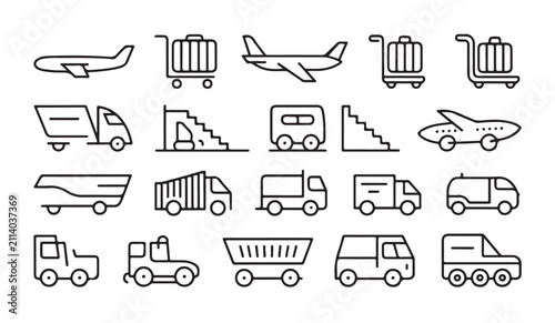 Airport vehicle outline set featuring cargo loaders stair trucks and service transporters for aviation.