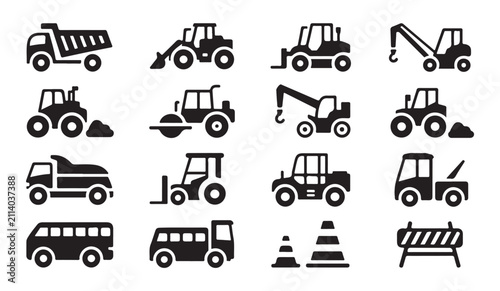 Bild auf Leinwand Construction and industrial vehicle icon set including excavators dump trucks cranes and traffic barriers