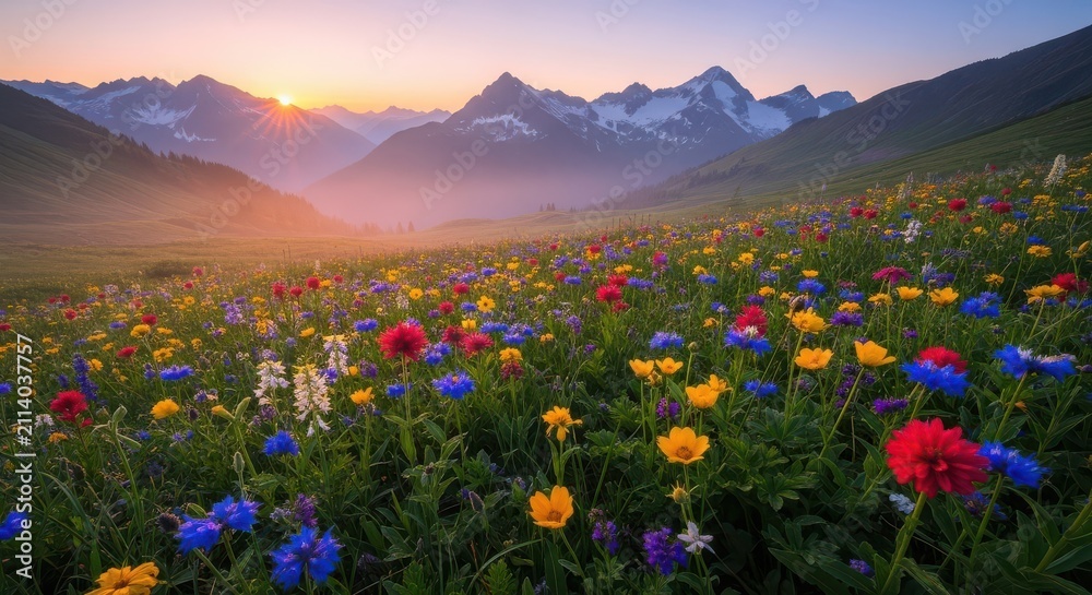 Obraz premium Vibrant Alpine Meadow Bursting with Wildflowers at Sunrise
